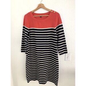 Striped‎ Sweater Dress Coral Cream Black Nautical Gold Button Detail